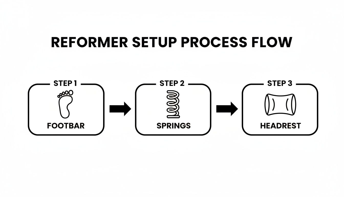 A three-step process flow illustrating how to set up a Pilates reformer: footbar, springs, and headrest.