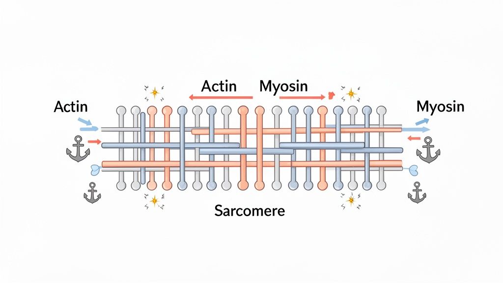 Diagram illustrating a sarcomere with actin and myosin filaments interacting, demonstrating muscle contraction and relaxation mechanics.