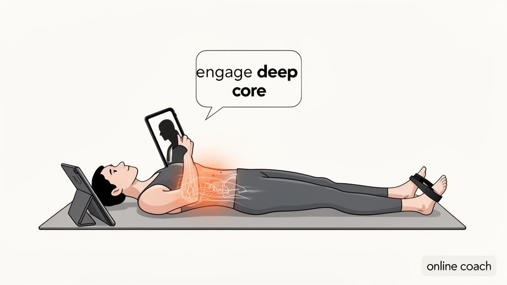 Person engaging deep core muscles during an online pilates workout, following a coach on tablet.