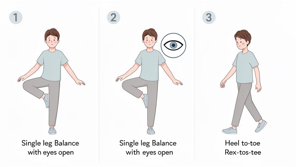 Illustrations showing three proprioceptive balance exercises: single leg balance with eyes open and heel-to-toe walking.