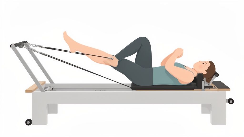 A woman on a Pilates reformer, performing a leg exercise with resistance bands.