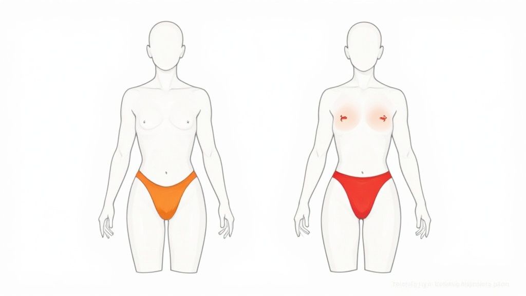 Illustration comparing two female figures showing differences in breast development with highlighted areas.