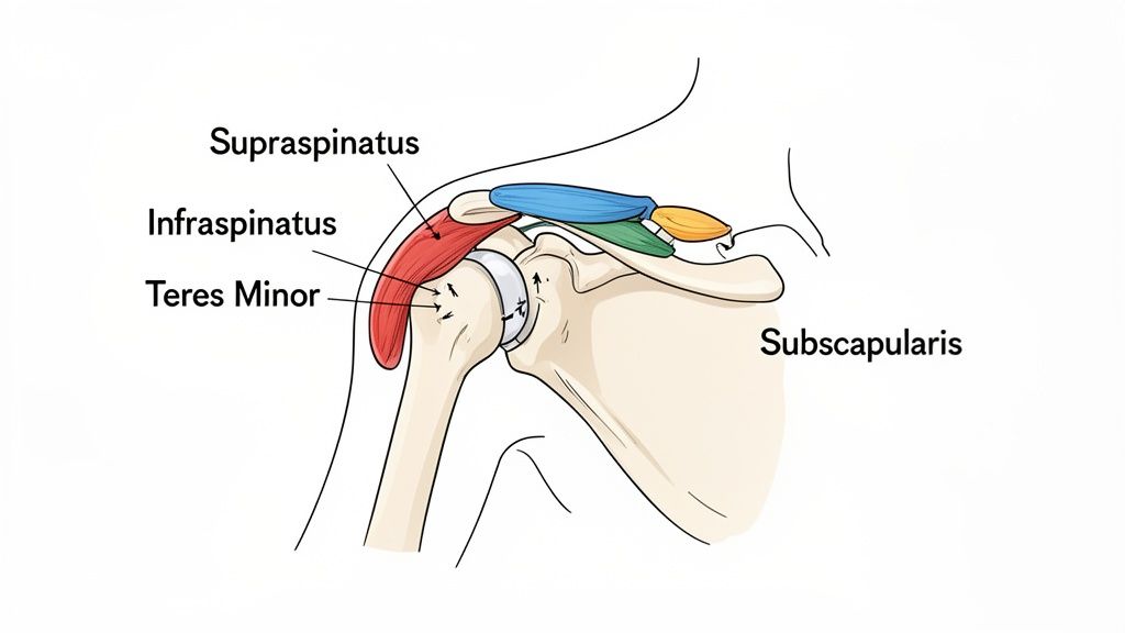 An anatomical illustration showing the four rotator cuff muscles of the shoulder: Supraspinatus, Infraspinatus, Teres Minor, and Subscapularis.