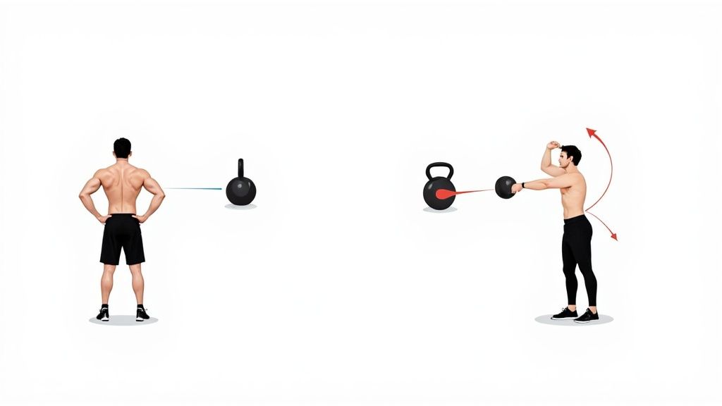 A man performs a kettlebell swing with resistance, while another stands ready, demonstrating home resistance training.