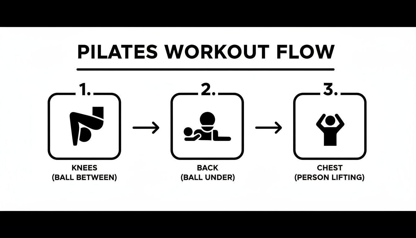 A pilates workout flow diagram showing three steps: knees with ball between, back with ball under, and chest lifting.