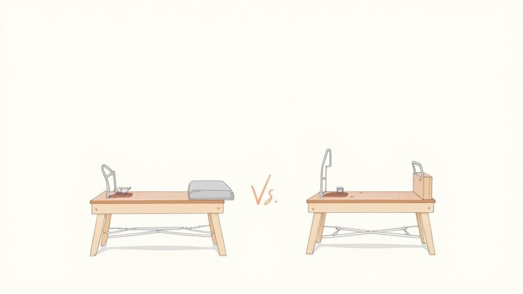 Side by side comparison of two wooden Pilates reformer equipment tables for home workout