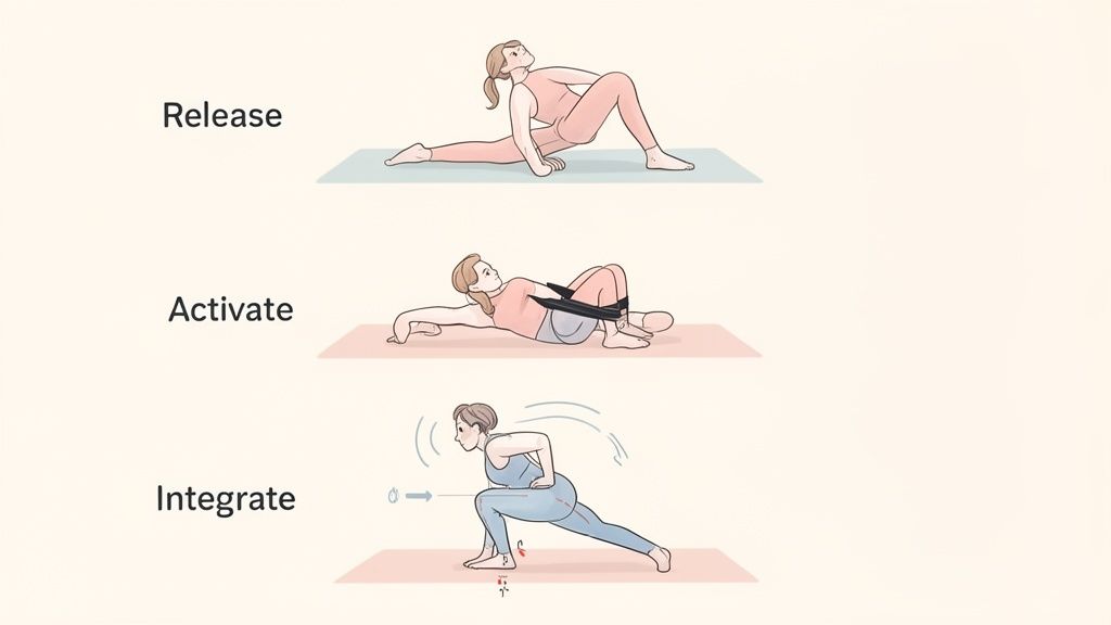 Illustrations of release, activate, and integrate exercises to correct muscle imbalances, including stretching and strengthening.