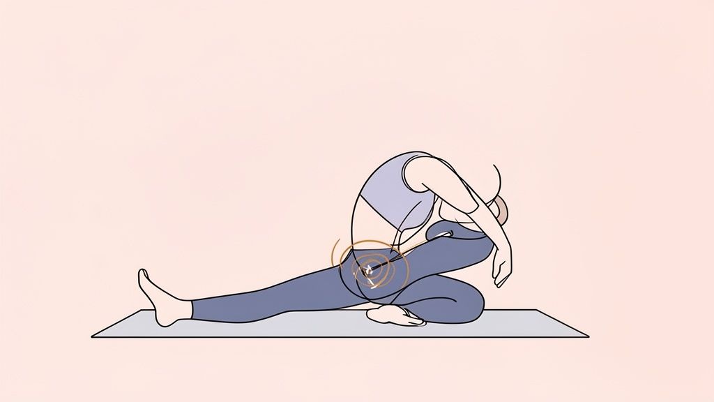 An illustration of a person performing a deep hip-opening yoga pose, focusing on hip mobility.
