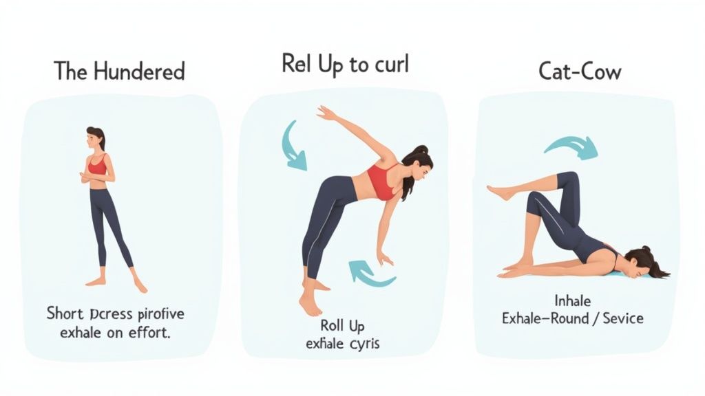 An illustration showing three Pilates exercises: The Hundred, Roll Up to Curl, and Cat-Cow with instructions.