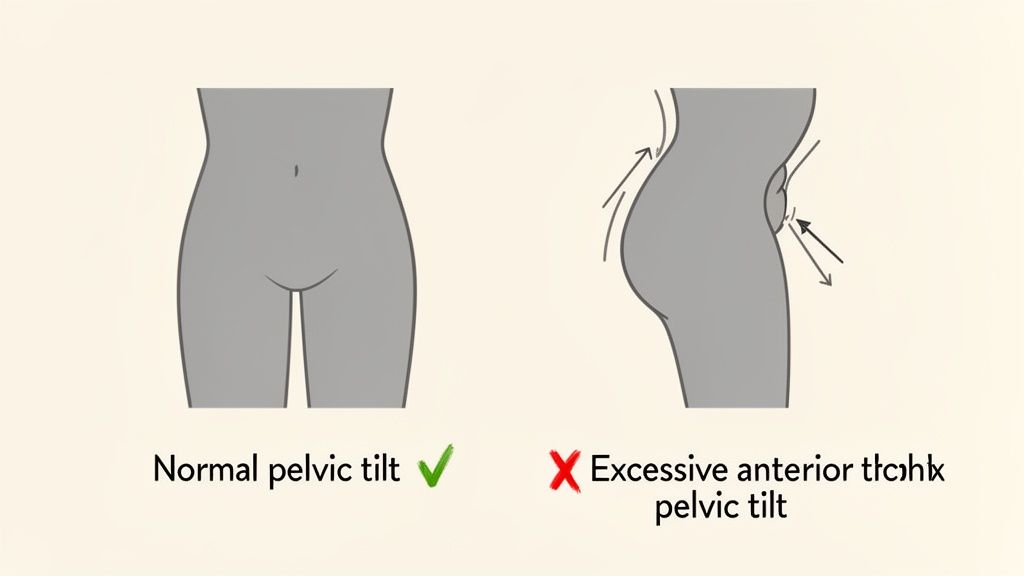 Illustrations comparing a normal pelvic alignment with an excessive anterior pelvic tilt, showing posture differences.