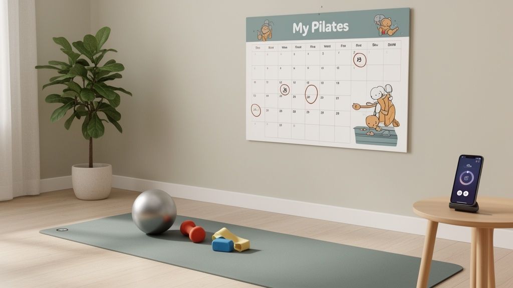 A pilates setup featuring a yoga mat, exercise ball, weights, resistance bands, a plant, and a pilates calendar.
