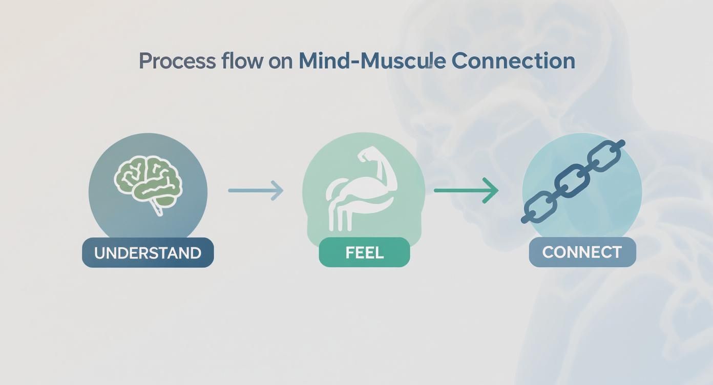 Diagram illustrating the mind-muscle connection process with steps: Understand, Feel, Connect.