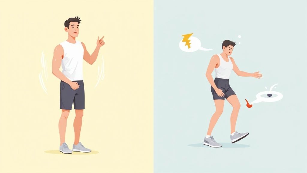 A person is sitting on a yoga mat, gently stretching their neck, with a calm and focused expression.