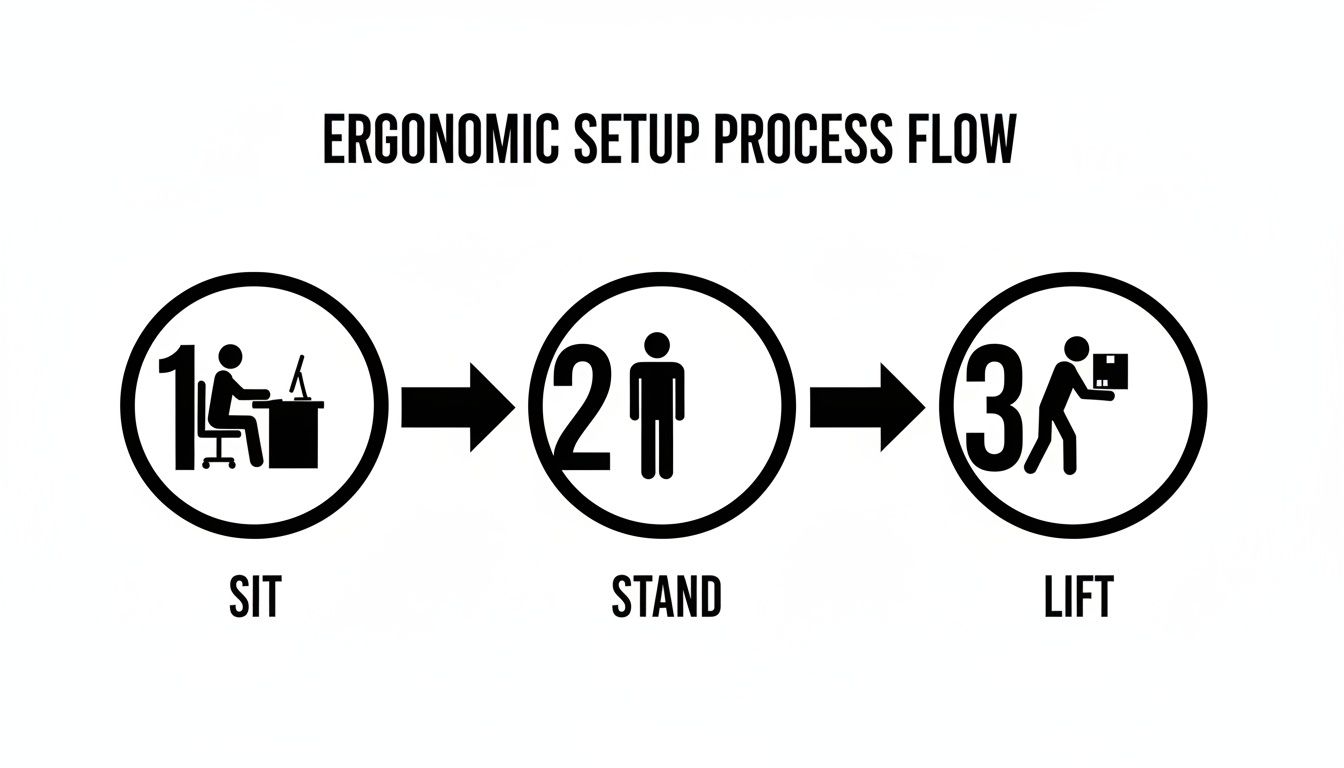 Ergonomic setup process flow diagram showing sit, stand, and lift positions for a healthy workspace.