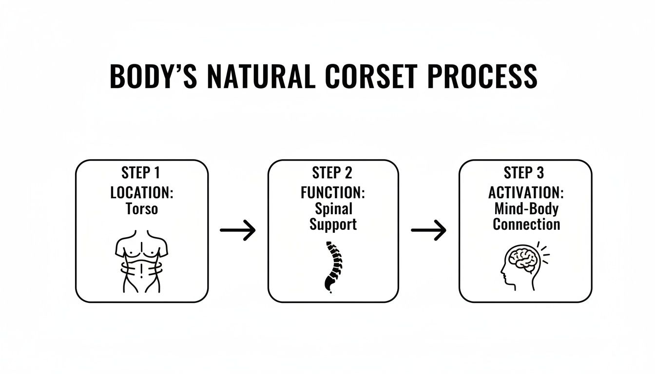 Diagram illustrating the body's natural corset process, detailing steps for torso location, spinal support, and mind-body connection activation.