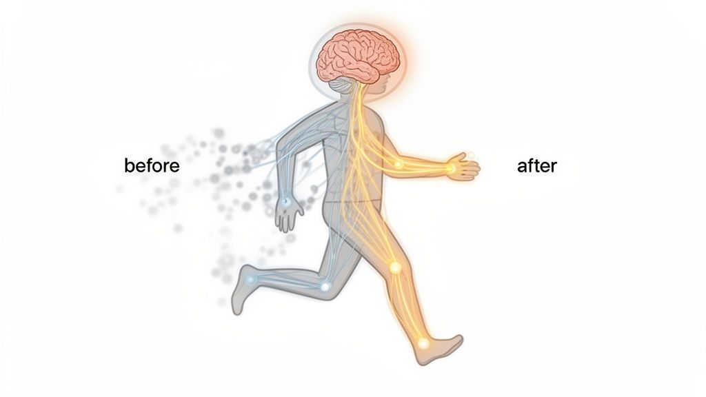 Before and after illustration of a human showing improved neural pathways and brain connection after proprioceptive training.