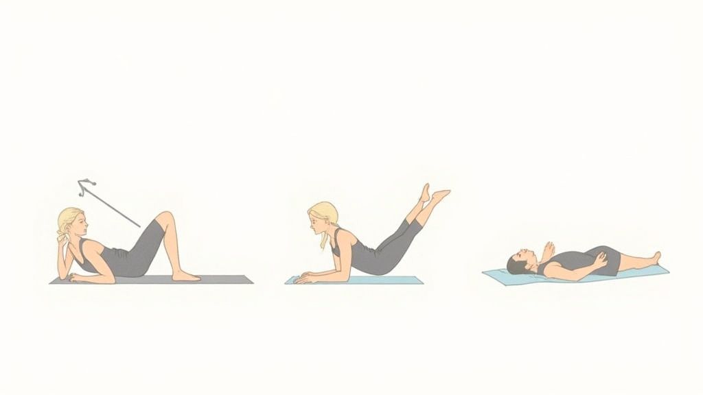 A woman over 50 focusing on a Pilates pose on a mat in a bright, airy room.