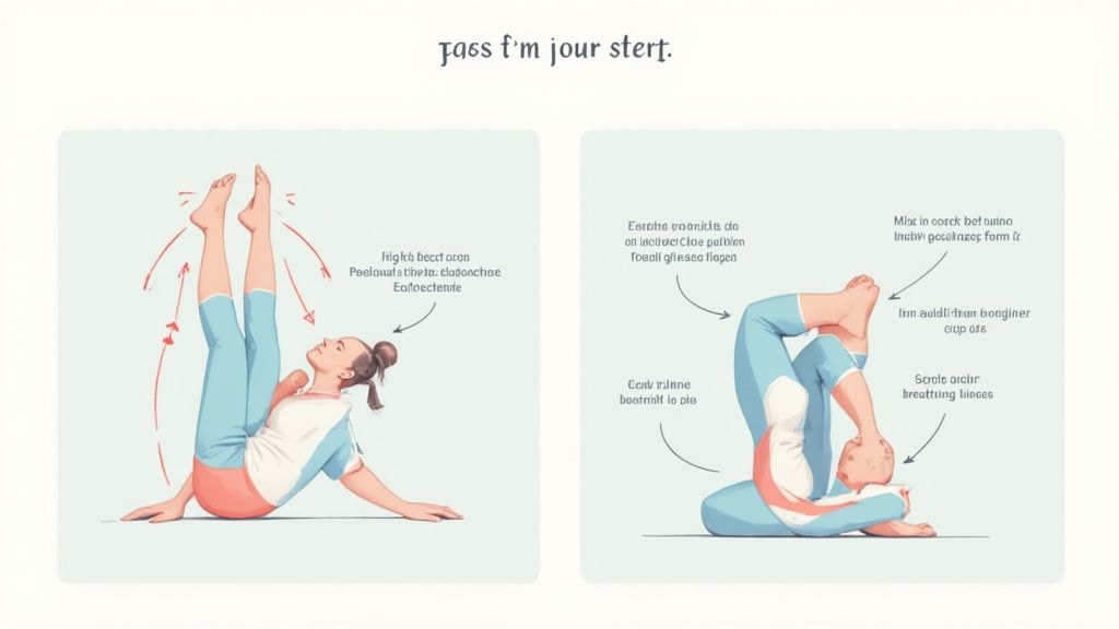 Two yoga poses for beginners showing legs up wall and knees to chest positions