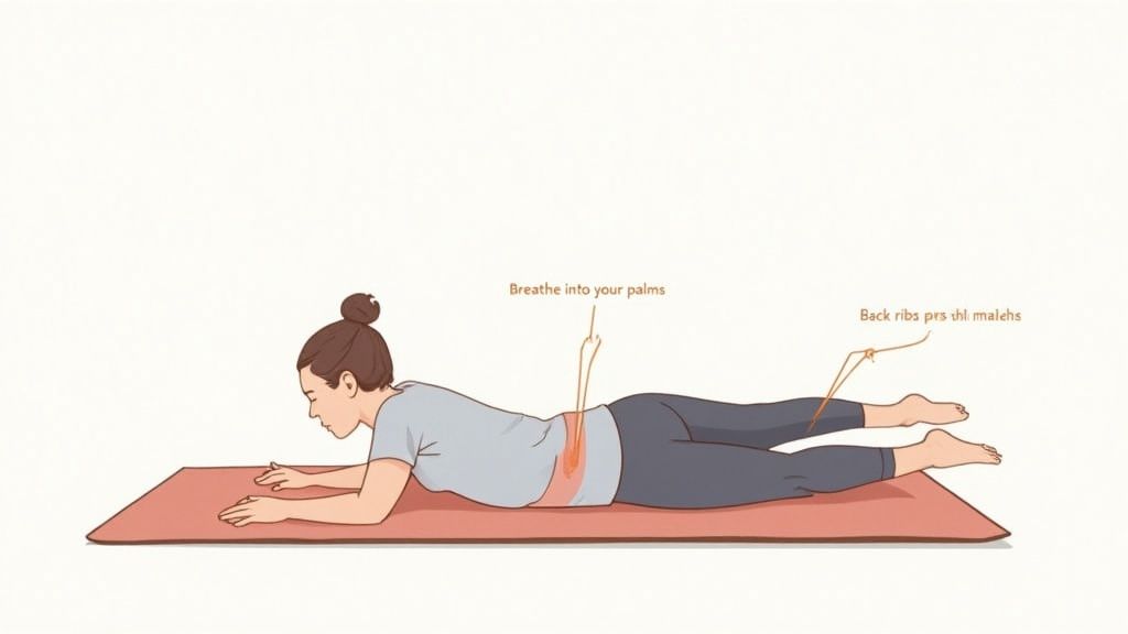 An illustration of a person lying prone on a mat, practicing deep breathing for pilates.
