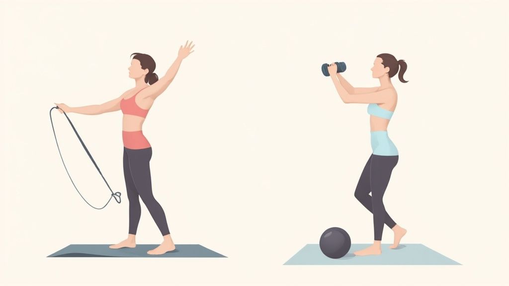 Two women performing home pilates exercises: one with a resistance band, the other with a dumbbell.