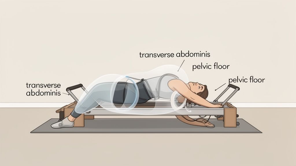 Illustration of a woman engaging core muscles on a Pilates reformer, highlighting transverse abdominis and pelvic floor.