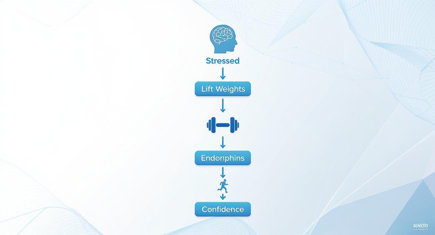Flowchart illustrating how lifting weights reduces stress, releases endorphins, and boosts confidence.