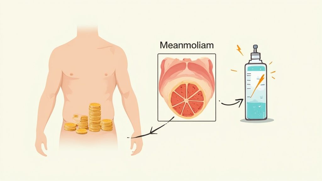 An illustration showing a human torso with gold coins, a 'Meanmoliam' organ, and an energy-generating bottle.