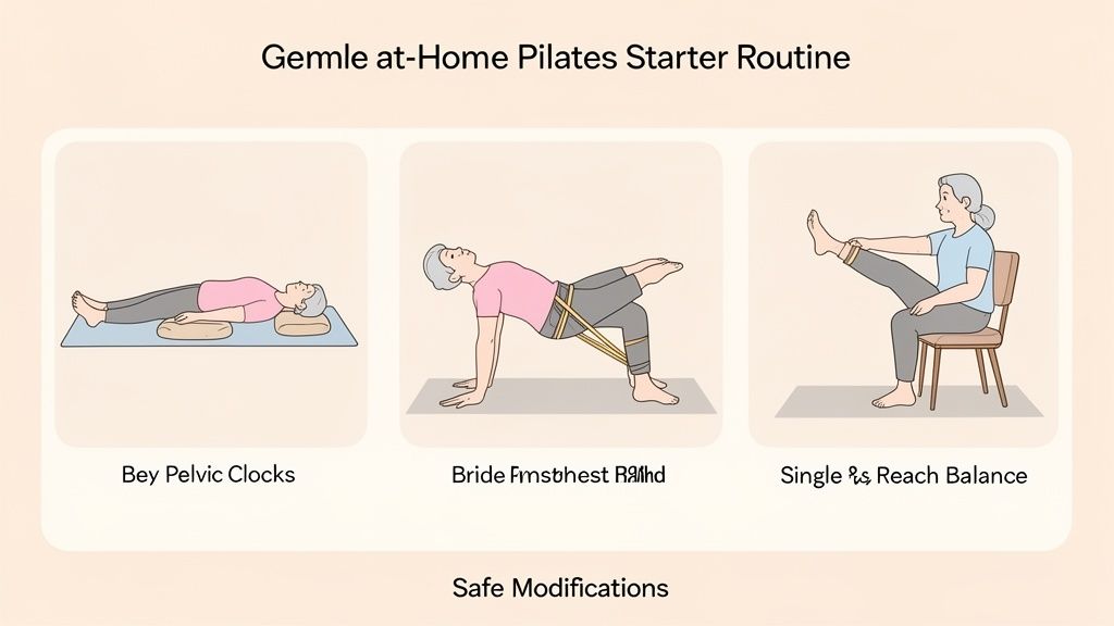 Three illustrations of older adults performing at-home Pilates exercises: Pelvic Clocks, Bridge, and Single Leg Balance.