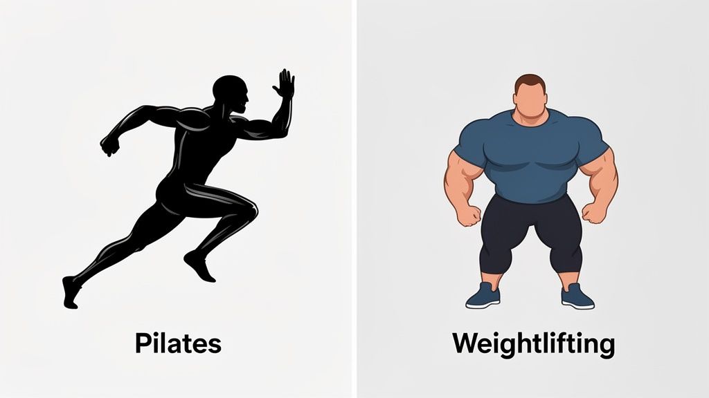 Two illustrations comparing body types: a lean runner for Pilates and a muscular man for Weightlifting.