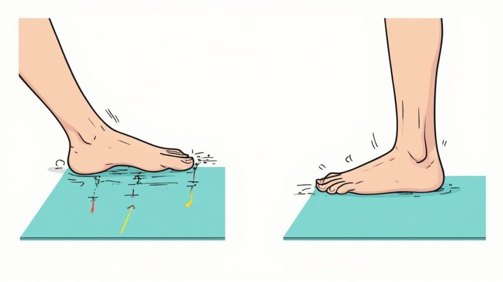 Two diagrams illustrating different foot postures and pressure distribution on a mat during exercise.
