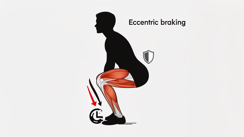 Illustration of a person squatting, highlighting leg muscles during eccentric braking movement.