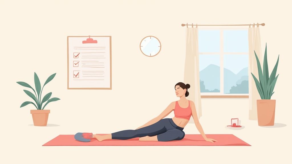 Woman doing Pilates at home with a mat and resistance ring in a well-lit living room.