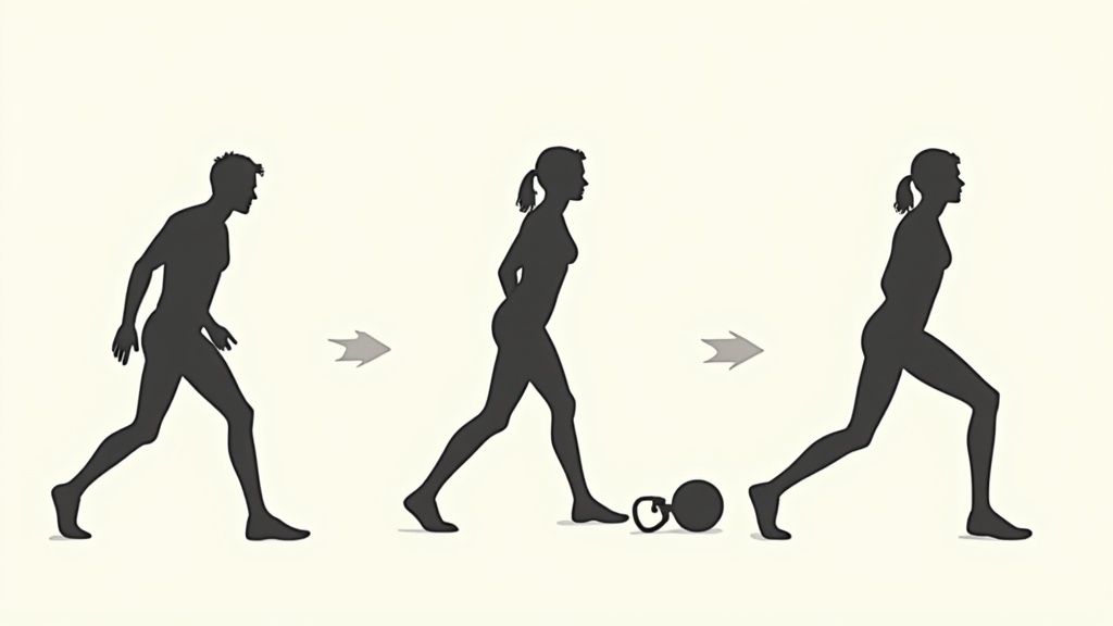 Three silhouettes demonstrate a lunge exercise progression with a kettlebell, showing functional strength training.