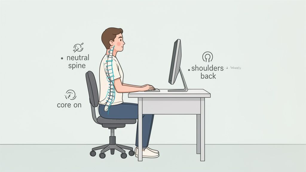 An illustration of a person sitting at a desk with good posture, highlighting a neutral spine, engaged core, and shoulders back.
