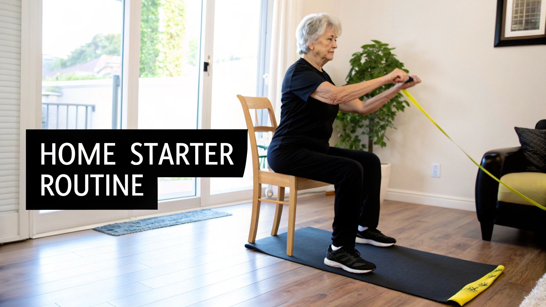 A senior woman exercising at home with a resistance band