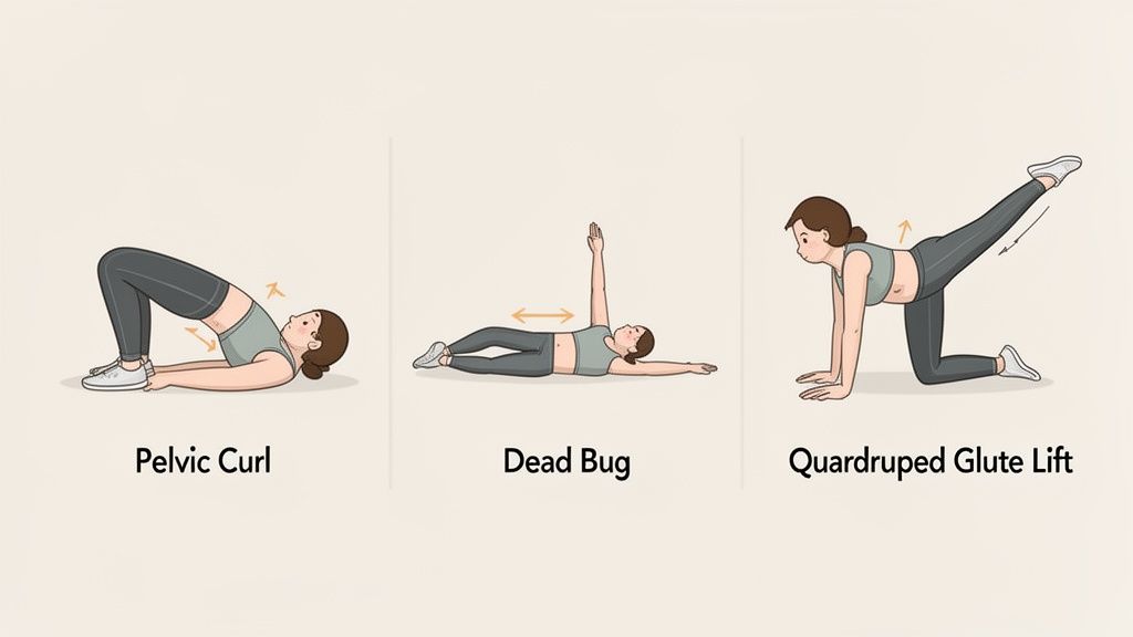 A woman demonstrating three exercises: Pelvic Curl, Dead Bug, and Quadruped Glute Lift, for core and glute strength.