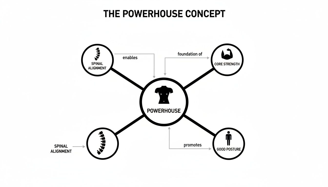 A concept diagram illustrating The Powerhouse Concept, showing connections to spinal alignment, core strength, and good posture.