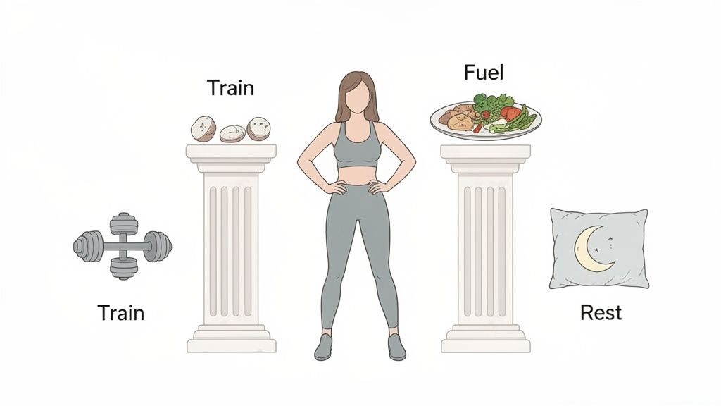 Illustration of a fit woman flanked by pillars representing training, nutrition, and rest for muscle growth.
