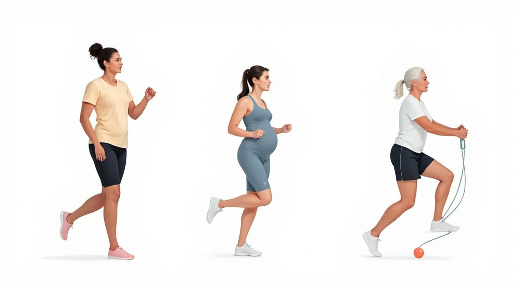 Three women, including a pregnant woman, demonstrate low-impact exercises like jogging and jump rope.