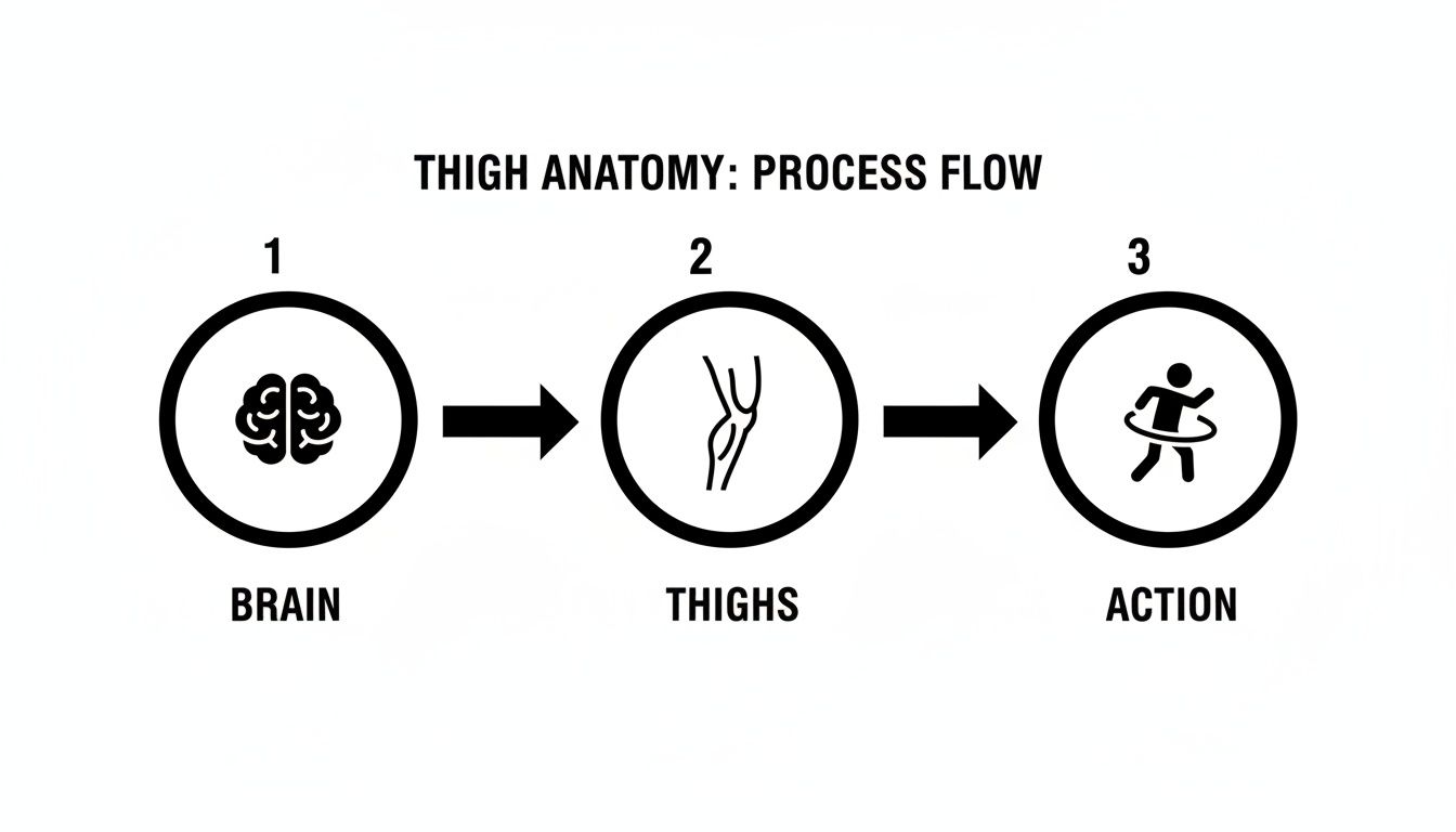 Process flow diagram illustrating the journey from brain to thighs leading to physical action or exercise.