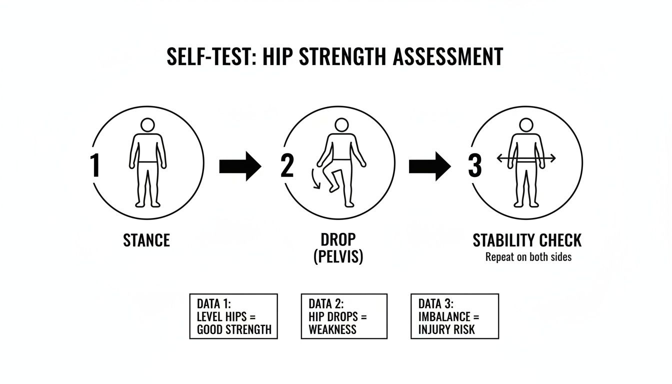 Self-test diagram for hip strength assessment, showing steps: stance, pelvic drop, and stability check.