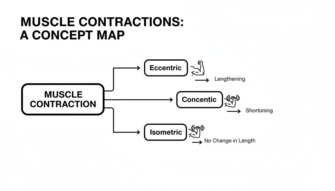 Concept map illustrating three types of muscle contractions: eccentric (lengthening), concentric (shortening), and isometric (no length change).