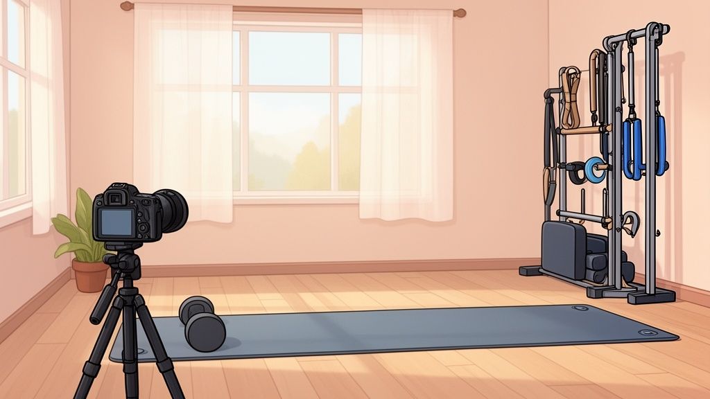 A home gym with a camera on a tripod, an exercise mat, a dumbbell, and Pilates equipment.