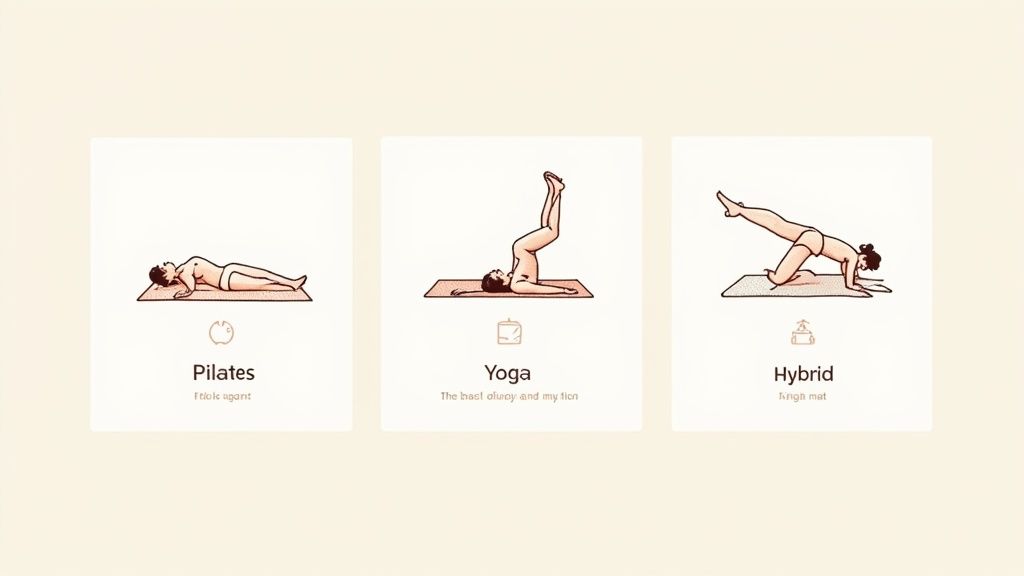 Illustrations comparing three exercise types: Pilates, Yoga, and Hybrid, with people posing on mats.
