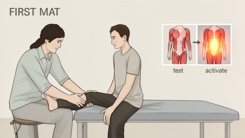 A therapist helps a client with a leg exercise on an exam table, while a diagram illustrates muscle activation.