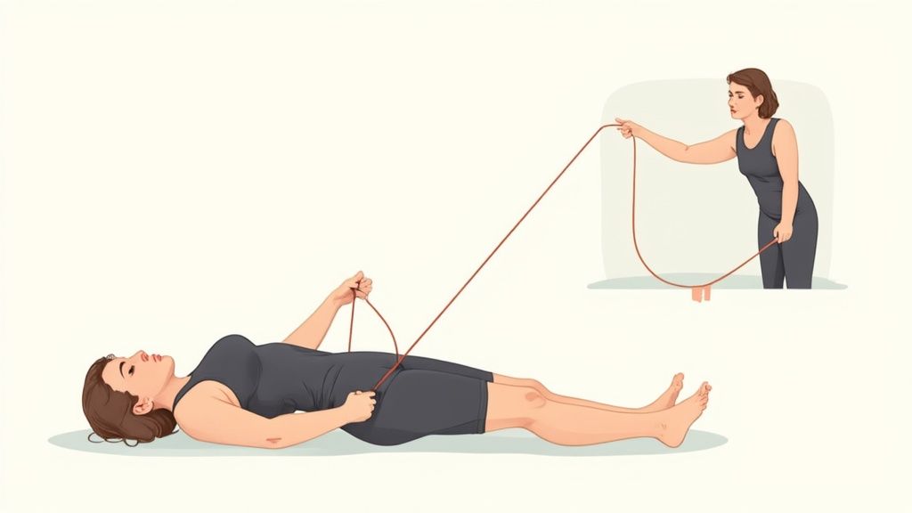 A woman lies on her back doing an exercise with a resistance band held by another woman.