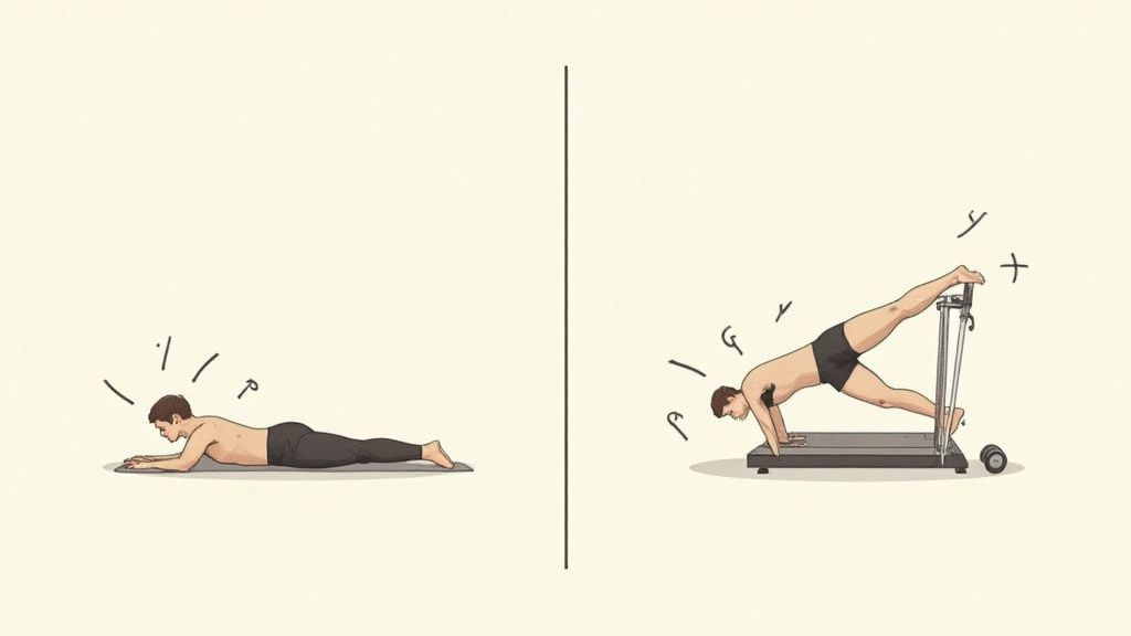 Illustration contrasting a man struggling with a simple floor exercise and a complex Pilates-like workout.