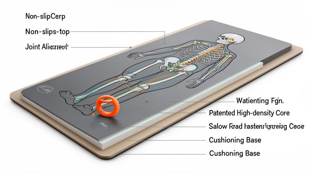 Detailed cutaway of a multi-layered pilates mat showing anatomical illustration and material breakdown.