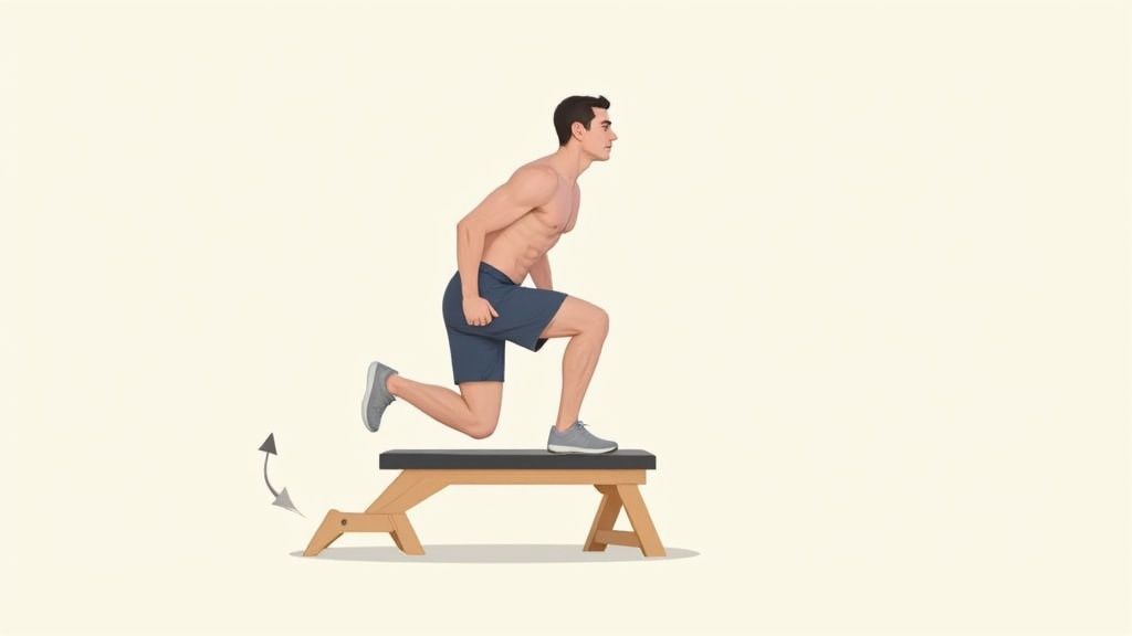 A muscular man demonstrating a Bulgarian split squat, with his back foot elevated on a workout bench.