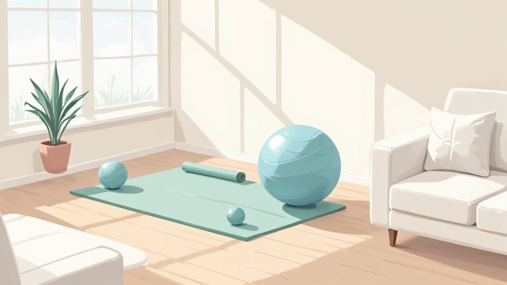 A bright home living room set up for pilates with exercise balls and a yoga mat.